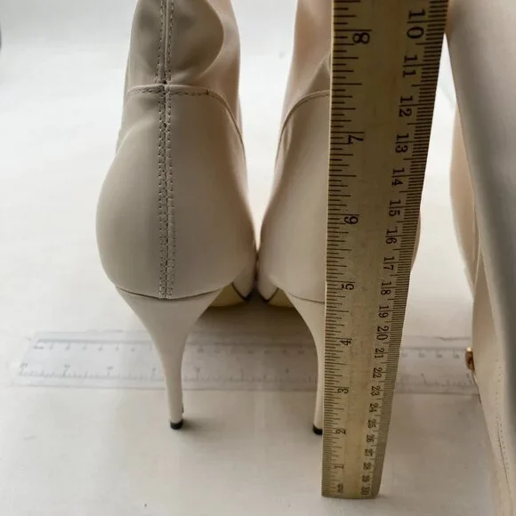 YDN Women Metal Cap Toe Boots Stiletto High Heel Knee High Riding Boots White